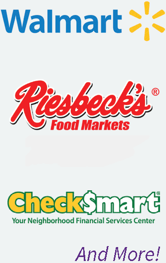 Participating retailers' logos: Walmart, Riesbeck's, CheckSmart, And More!